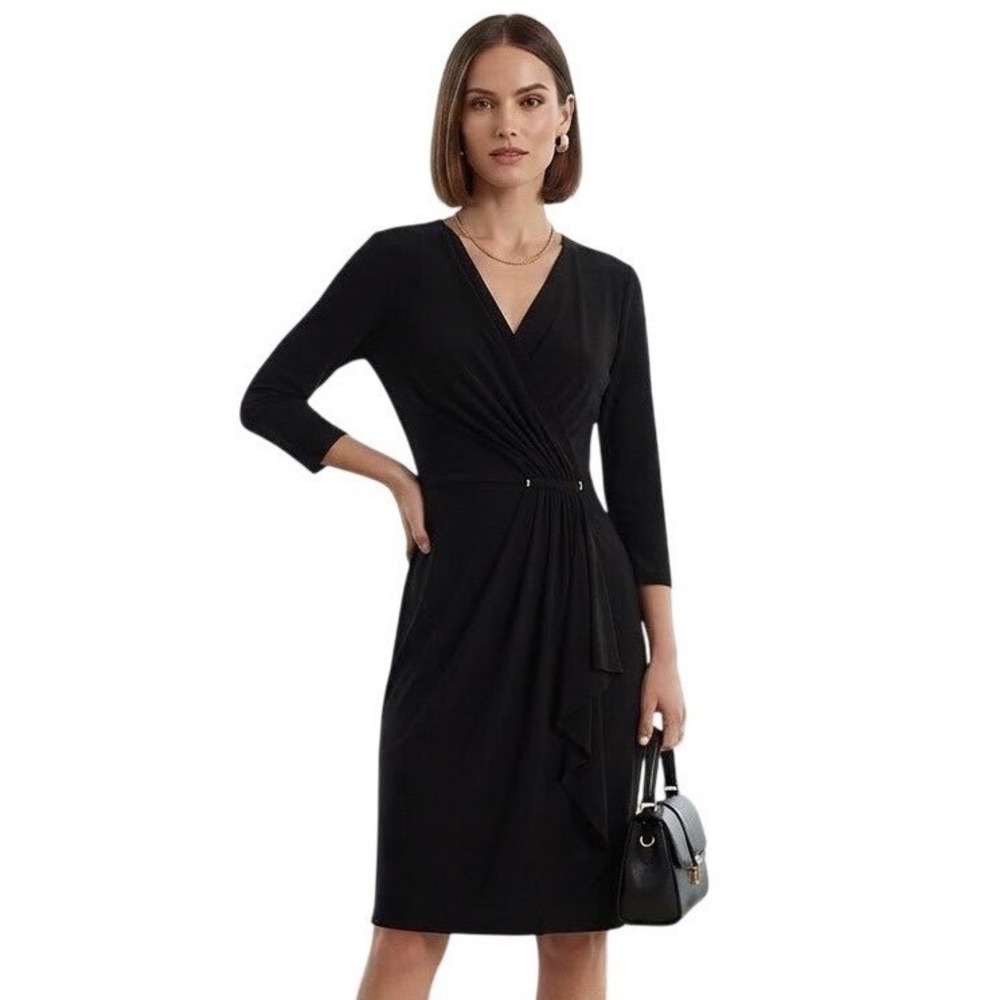 Michael Kors Faux Wrap Dress Little Black Dress Ruched V-Neck 3/4 Sleeve Small